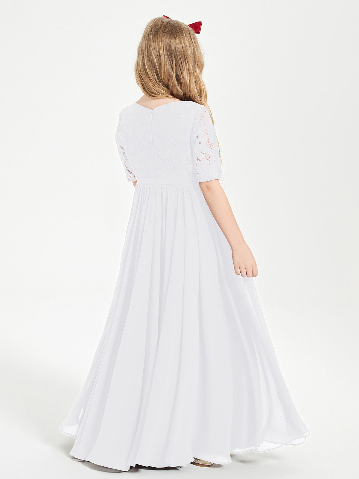 Lace Top Half Sleeved Junior Bridesmaids Dresses White